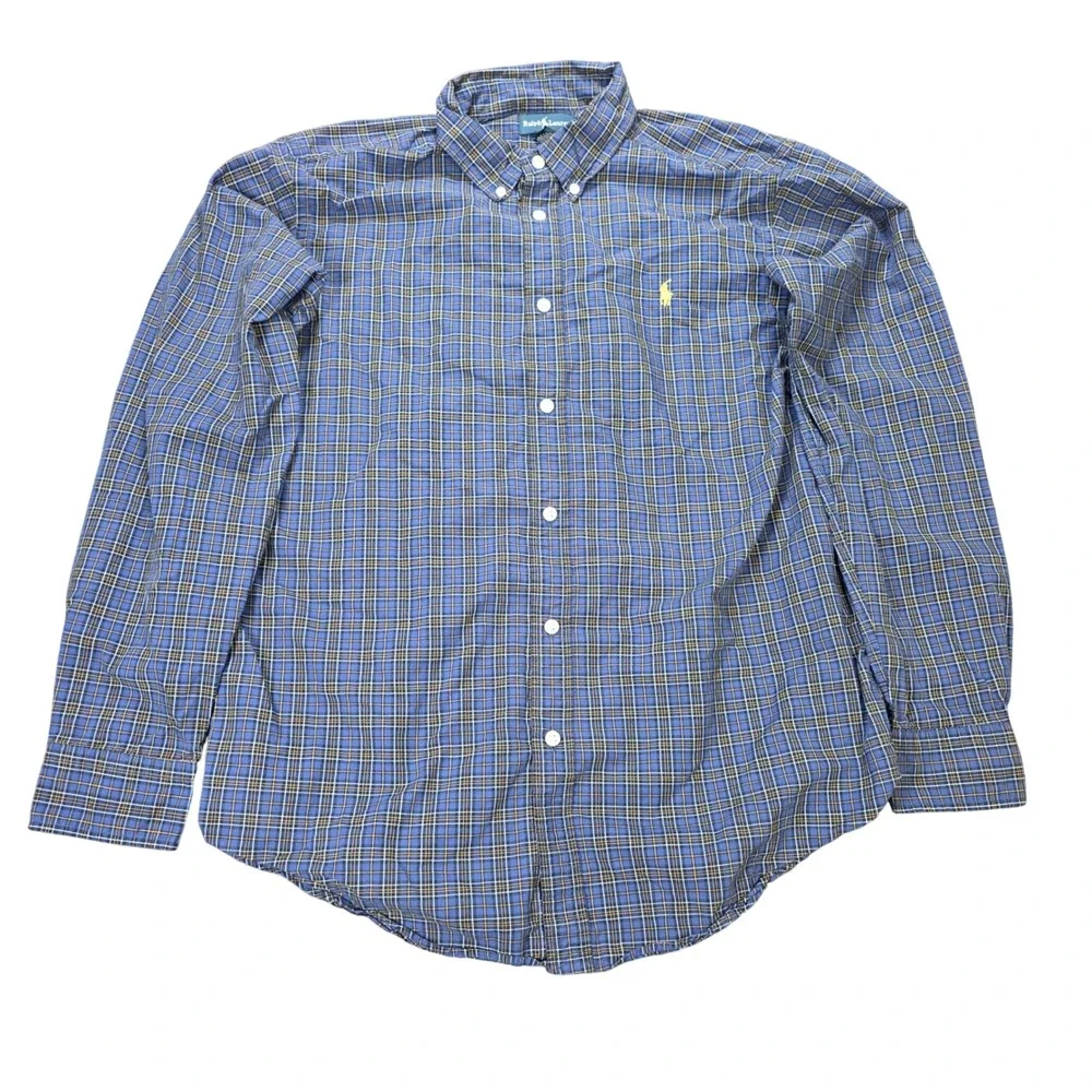 Ralph Lauren Plaid Button Down Shirt Big Boy's Size XL 18-20 Blue‎ Yellow Pony